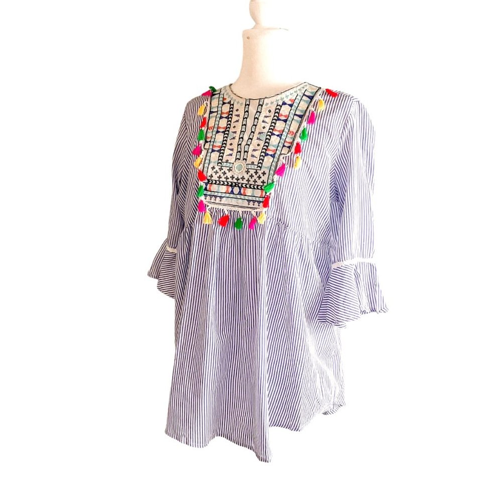 NEW Floral Embroidered 100%Cotton Boho Striped Tunic size  L